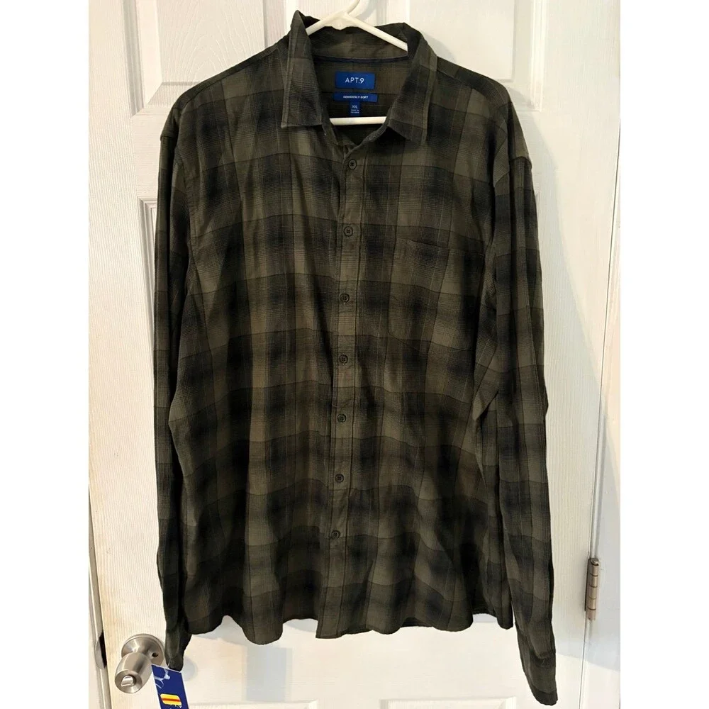 APT. 9 Seriously Soft Flannel Shirt XXL NWT Olive Gray Plaid Button Front Cotton